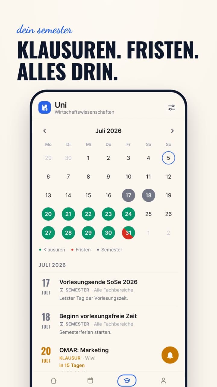 Der Semesterkalender in der Knödel App